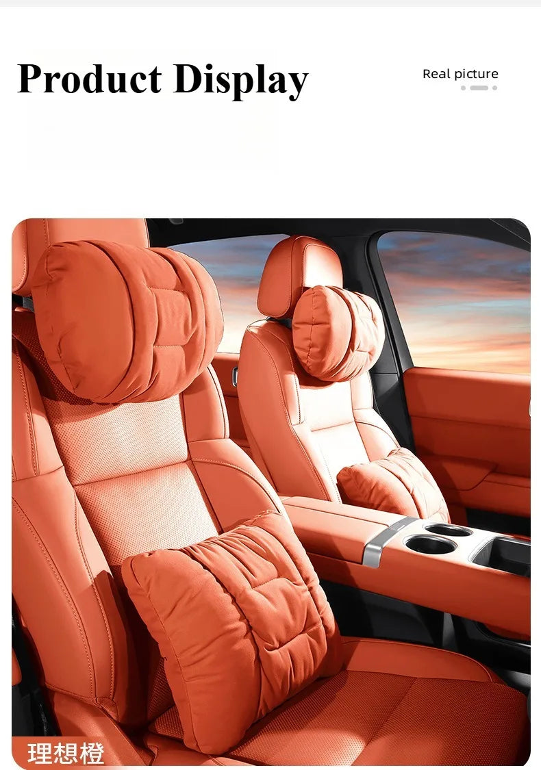 Suede Leather Car Headrest & Lumbar Support Pillow Set – Comfortable Neck and Back Cushions - Delicate Leather  