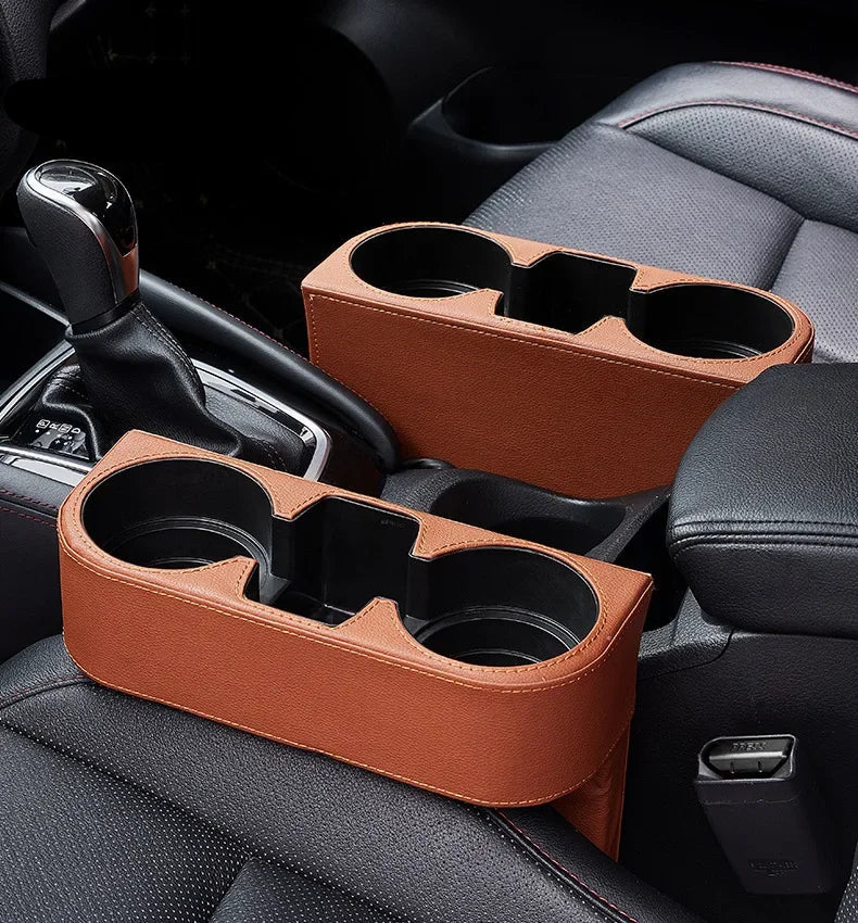 Leather Car Seat Gap Cup Holder Organizer – Side Pocket Storage Tray Universal Interior Accessory - Delicate Leather  
