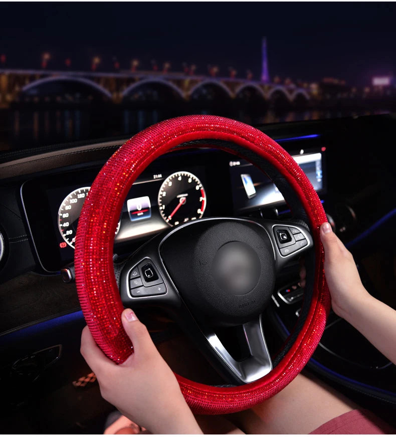 Crystal Rhinestone Steering Wheel Cover – Decorative Anti-Slip Universal Grip - Delicate Leather  