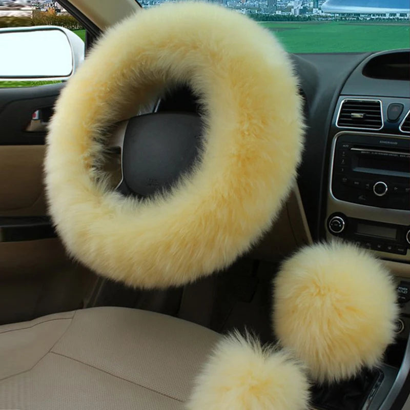 Winter Plush Steering Wheel Cover Set – Fluffy Fleece Warm Non-Slip Handle Cover, Universal Fit - Delicate Leather  