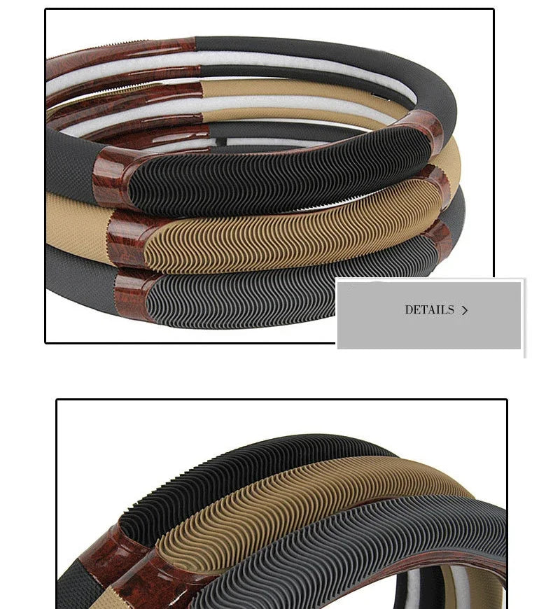 Wood Grain Steering Wheel Cover – PU Leather Anti-Slip Breathable 38cm Universal Fit - Delicate Leather  