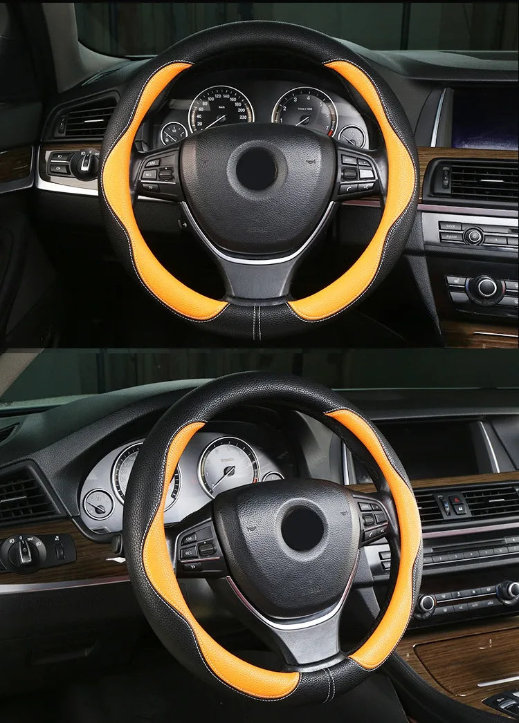 PU Leather Steering Wheel Cover – Anti-Slip 15 Inch Universal Round Interior Accessory - Delicate Leather  