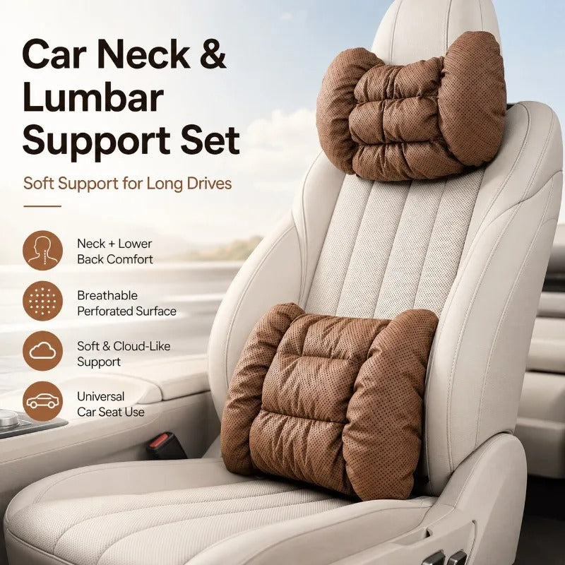 Universal Car Neck Pillow & Seat Cushion Set – Breathable Faux Leather Headrest and Backrest Cushions - Delicate Leather