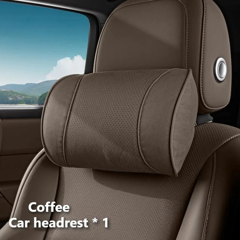 Premium Suede Car Neck & Lumbar Support Pillow Set – Universal Headrest and Waist Cushion for Cars, SUVs & Trucks - Delicate Leather