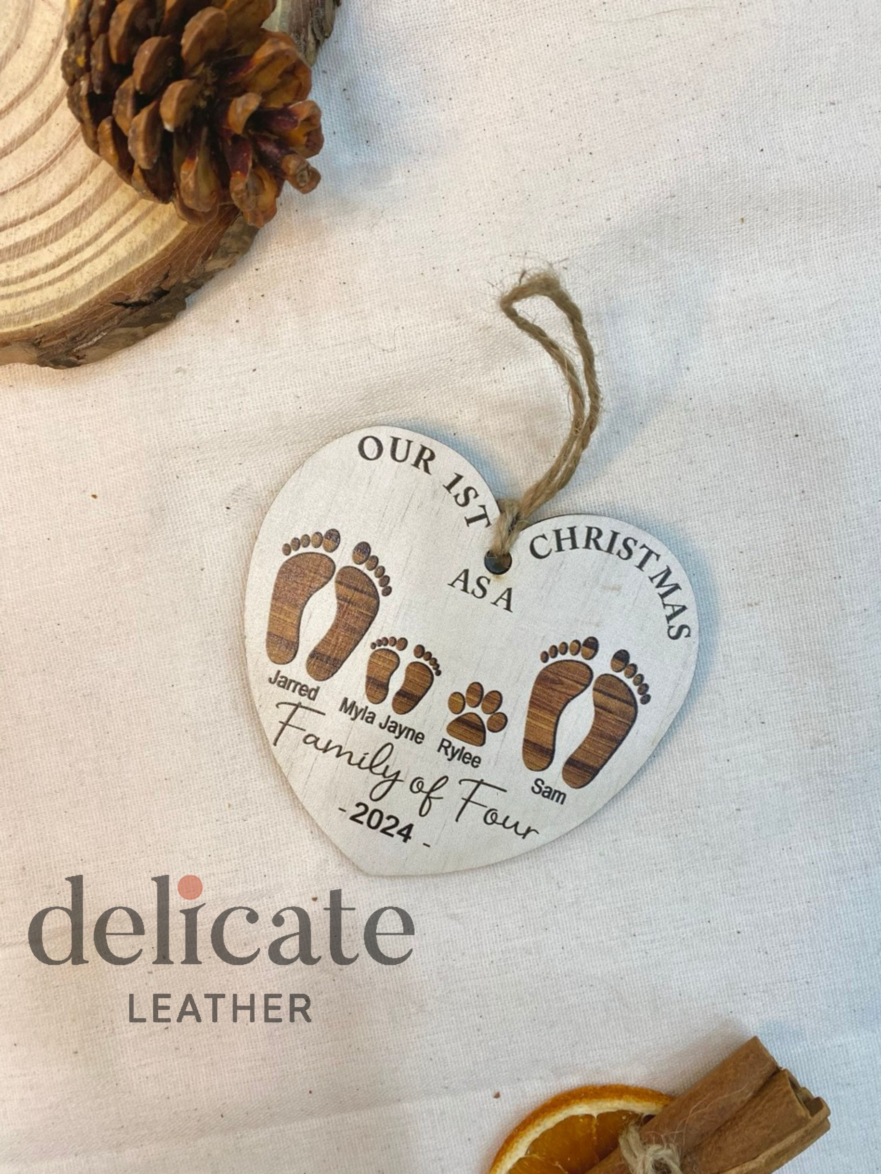 First Christmas As A Family of Four Footprints Ornament – Personalized Wooden Keepsake for Baby's First Christmas