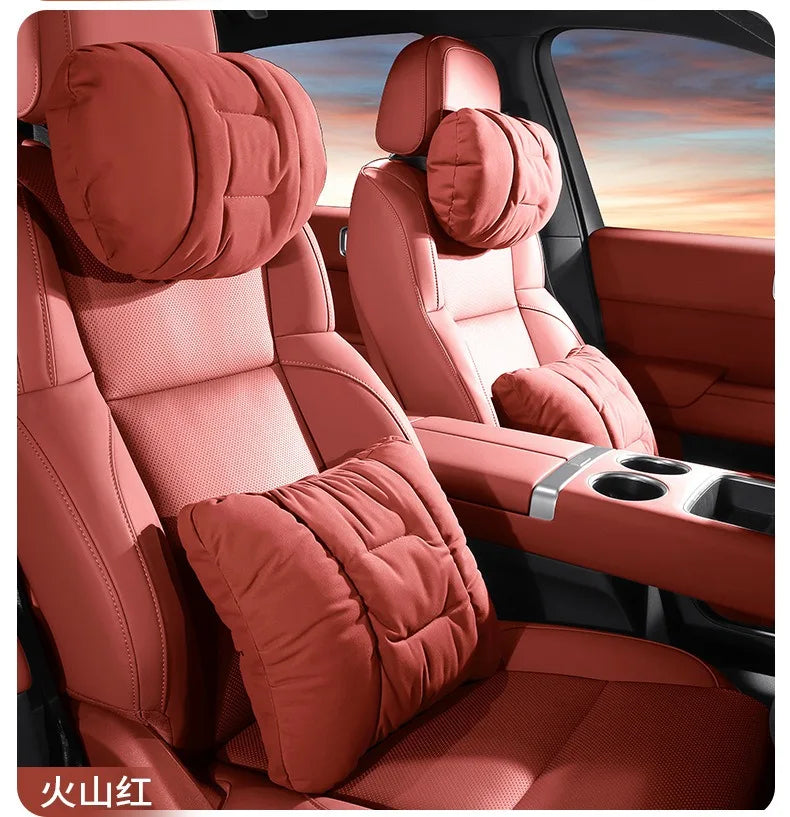 Suede Leather Car Headrest & Lumbar Support Pillow Set – Comfortable Neck and Back Cushions - Delicate Leather  