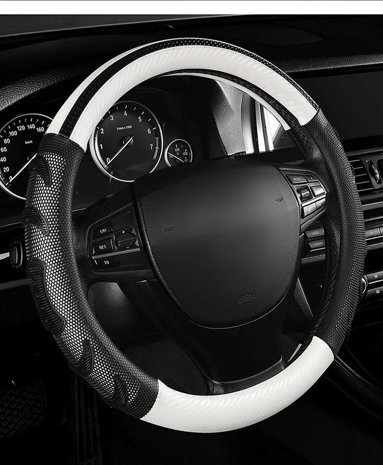 Carbon Fiber Steering Wheel Cover – Anti-Slip Universal 38cm Interior Accessory - Delicate Leather  