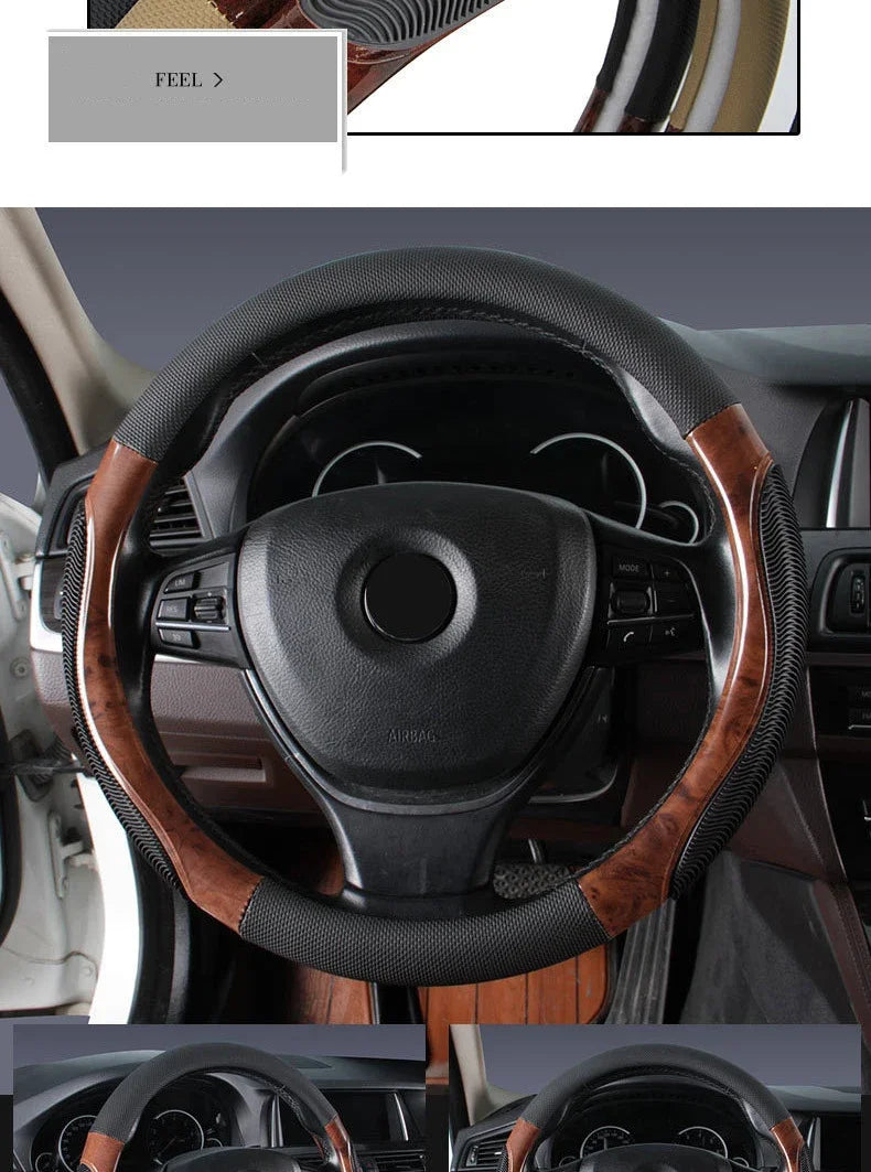 Wood Grain Steering Wheel Cover – PU Leather Anti-Slip Breathable 38cm Universal Fit - Delicate Leather  