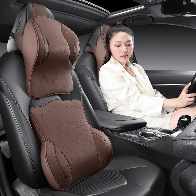 Memory Foam Car Neck Pillow & Lumbar Support Set – Breathable Seat Comfort Cushion - Delicate Leather  