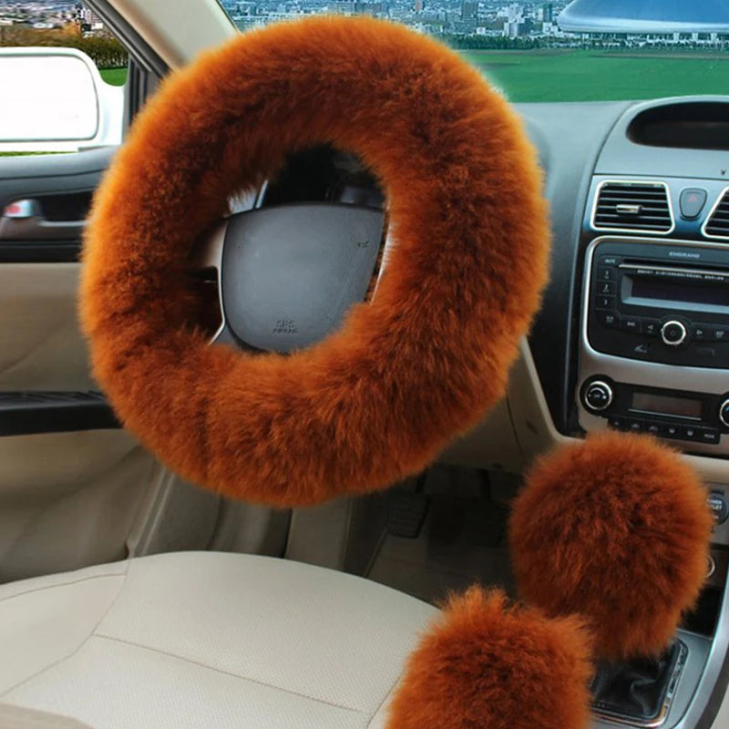 Winter Plush Steering Wheel Cover Set – Fluffy Fleece Warm Non-Slip Handle Cover, Universal Fit - Delicate Leather  