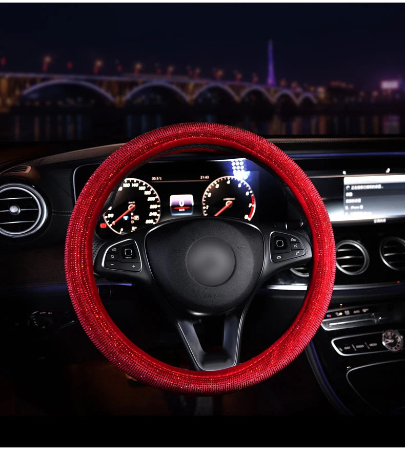 Crystal Rhinestone Steering Wheel Cover – Decorative Anti-Slip Universal Grip - Delicate Leather  