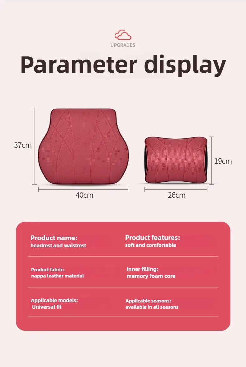 Memory Foam Car Neck & Lumbar Support Pillow Set – Leather Seat Comfort Cushions - Delicate Leather  