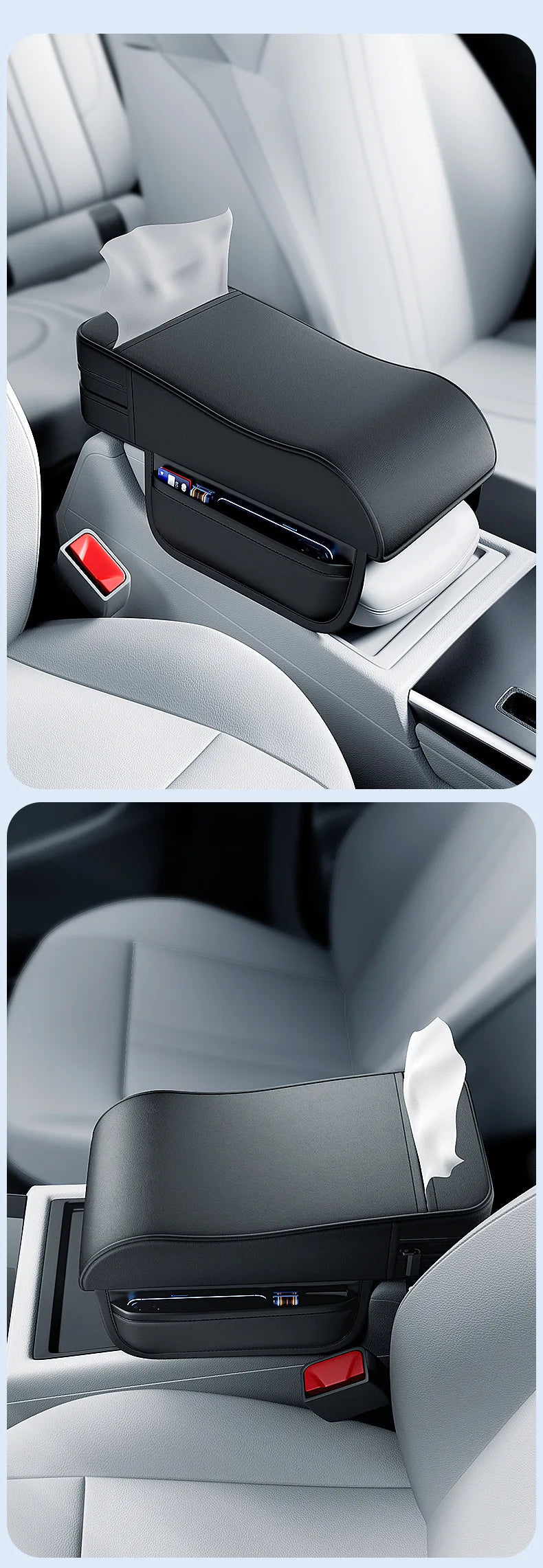 Car Armrest Cushion with Tissue Holder – Leather-Style Height Pad for Center Console - Delicate Leather  