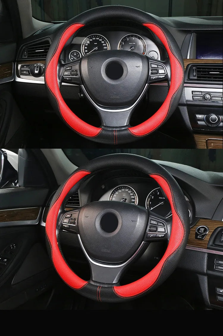 PU Leather Steering Wheel Cover – Anti-Slip 15 Inch Universal Round Interior Accessory - Delicate Leather  