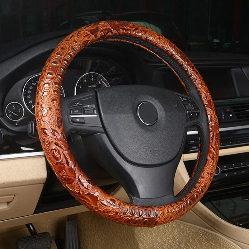 Leather Steering Wheel Cover with Carved Pattern – Non-Slip Grip, Universal Fit 37-38 cm, All-Season Design - Delicate Leather  
