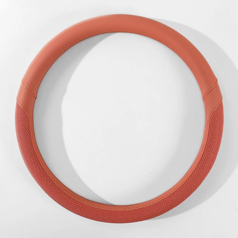 Universal PU Leather & Ice Silk Steering Wheel Cover 38cm – Breathable Anti-Slip O-Type Car Steering Wheel Protector - Delicate Leather
