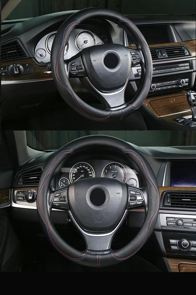 PU Leather Steering Wheel Cover – Anti-Slip 15 Inch Universal Round Interior Accessory - Delicate Leather  