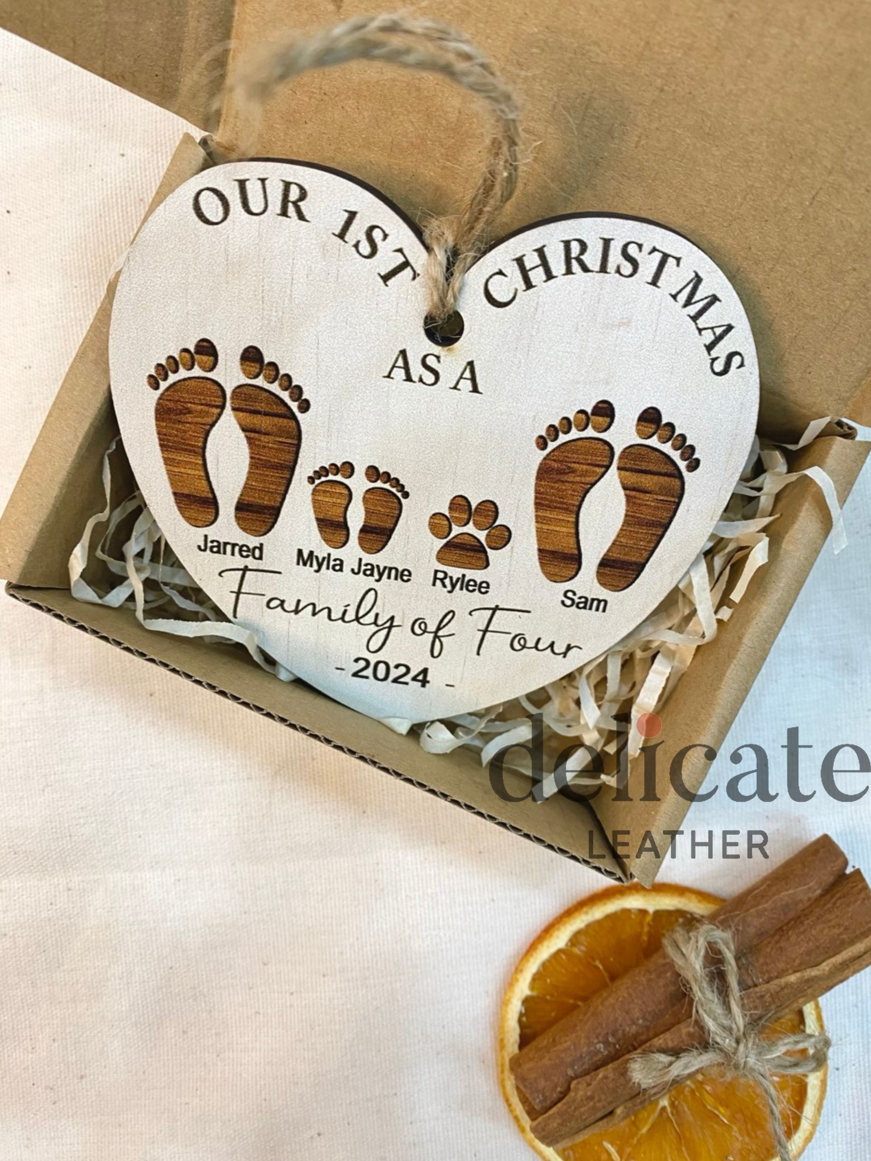 First Christmas As A Family of Four Footprints Ornament – Personalized Wooden Keepsake for Baby's First Christmas