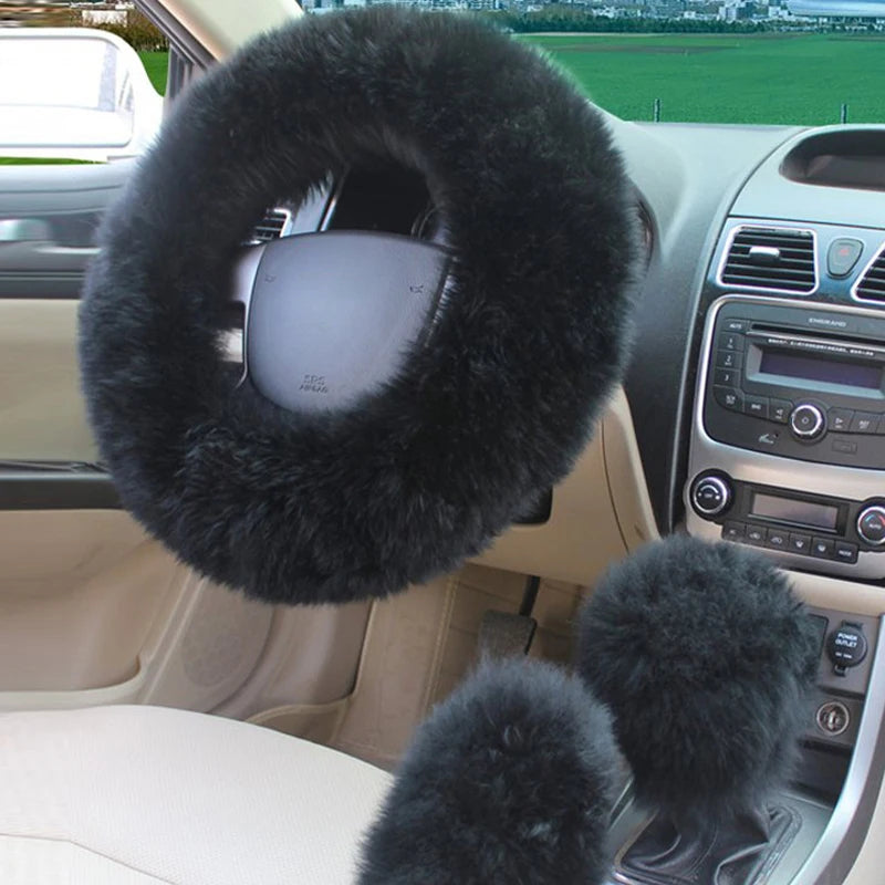 Winter Plush Steering Wheel Cover Set – Fluffy Fleece Warm Non-Slip Handle Cover, Universal Fit - Delicate Leather  
