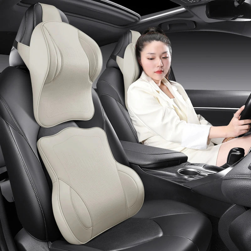 Memory Foam Car Neck Pillow & Lumbar Support Set – Breathable Seat Comfort Cushion - Delicate Leather  