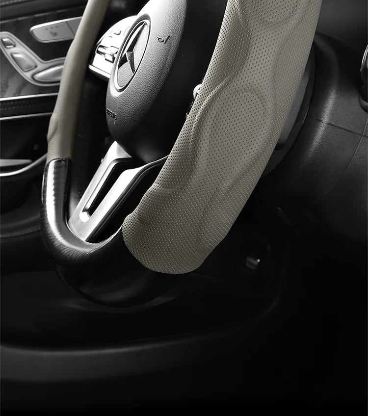 Leather Car Steering Wheel Cover, Fine Skin Texture, Comfortable Grip, Wear-Resistant, All-Season, Universal Fit - Delicate Leather  