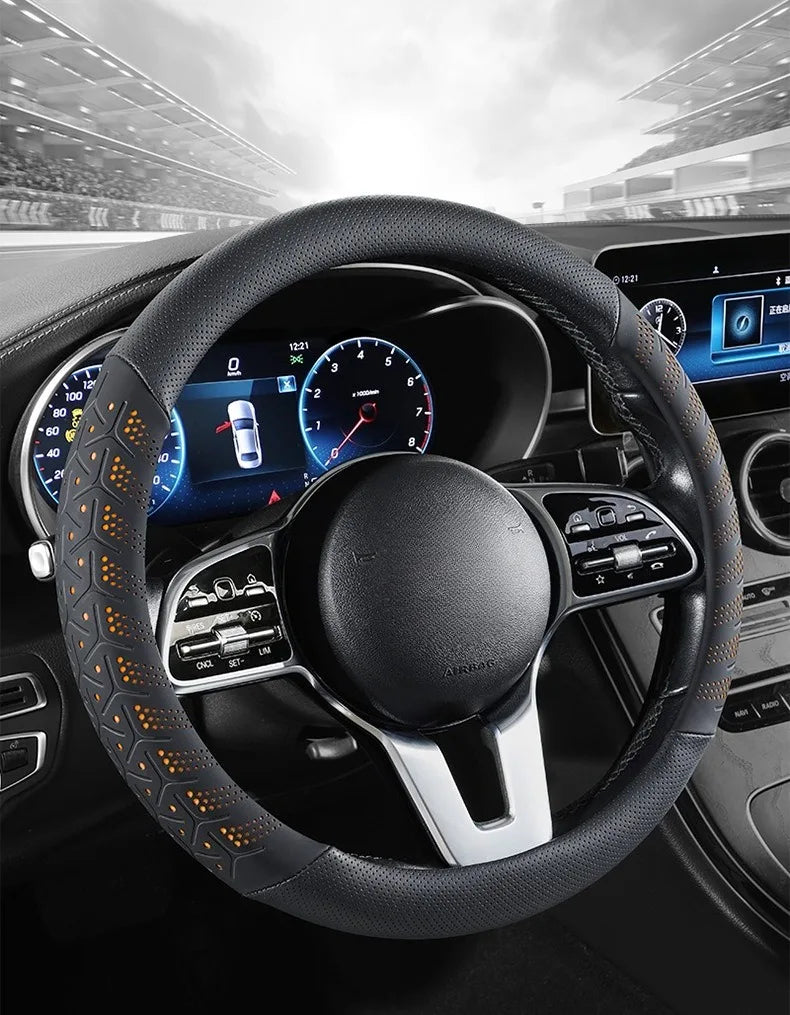 Luxury Leather Steering Wheel Cover – Non-Slip Universal 38cm Interior Accessory - Delicate Leather  