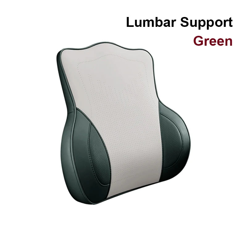 Memory Foam Car Neck Pillow & Lumbar Support Set – Breathable Seat Comfort Cushion - Delicate Leather  