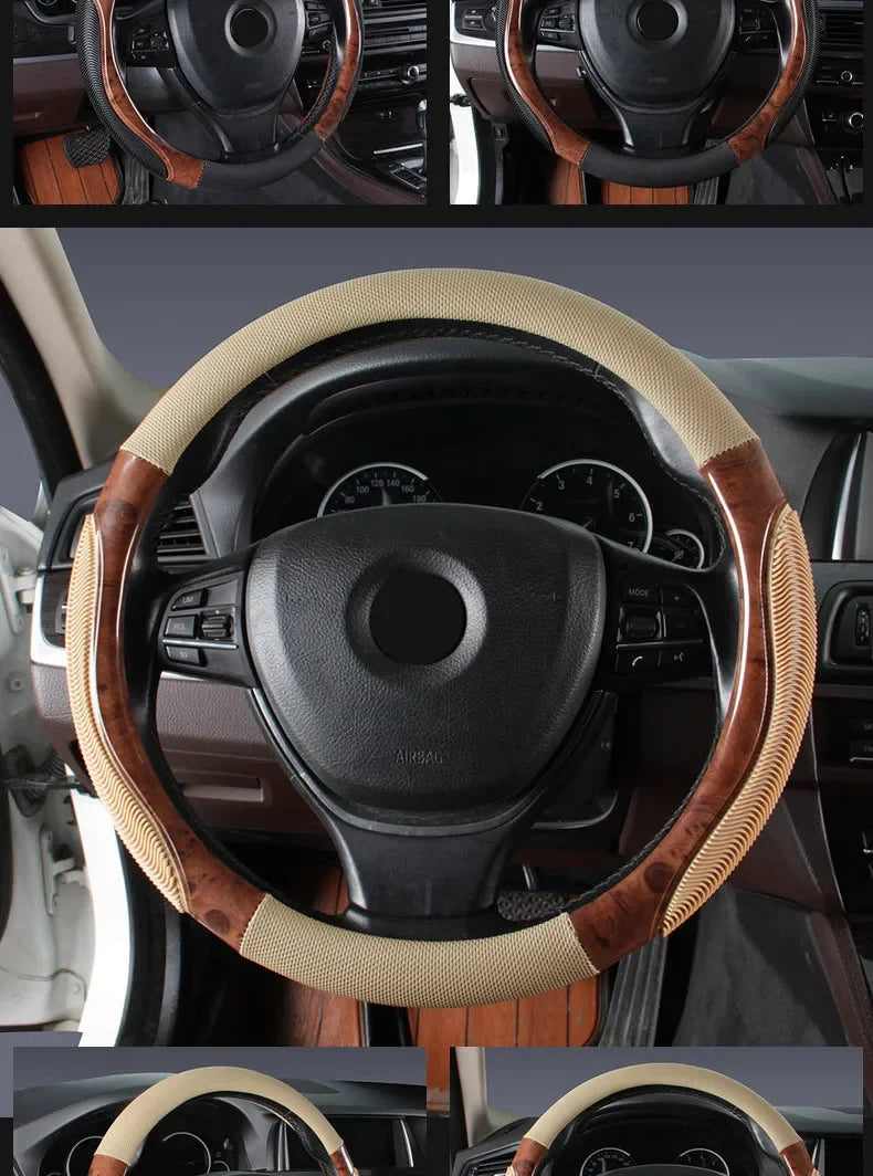 Wood Grain Steering Wheel Cover – PU Leather Anti-Slip Breathable 38cm Universal Fit - Delicate Leather  
