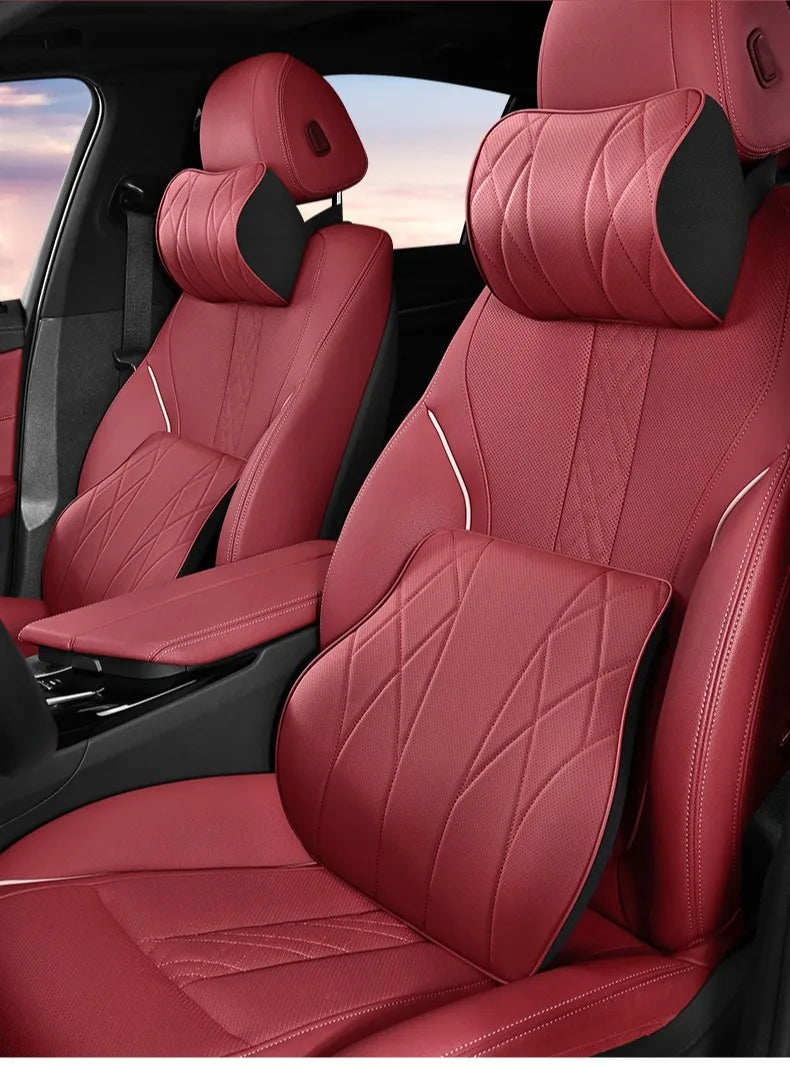 Memory Foam Car Neck & Lumbar Support Pillow Set – Leather Seat Comfort Cushions - Delicate Leather  