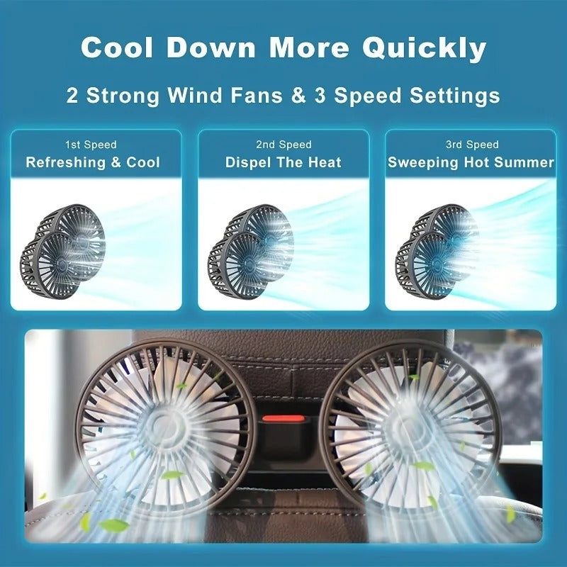 Dual Head USB Car Fan – 360° Adjustable Backseat Air Circulation Fan - Delicate Leather  