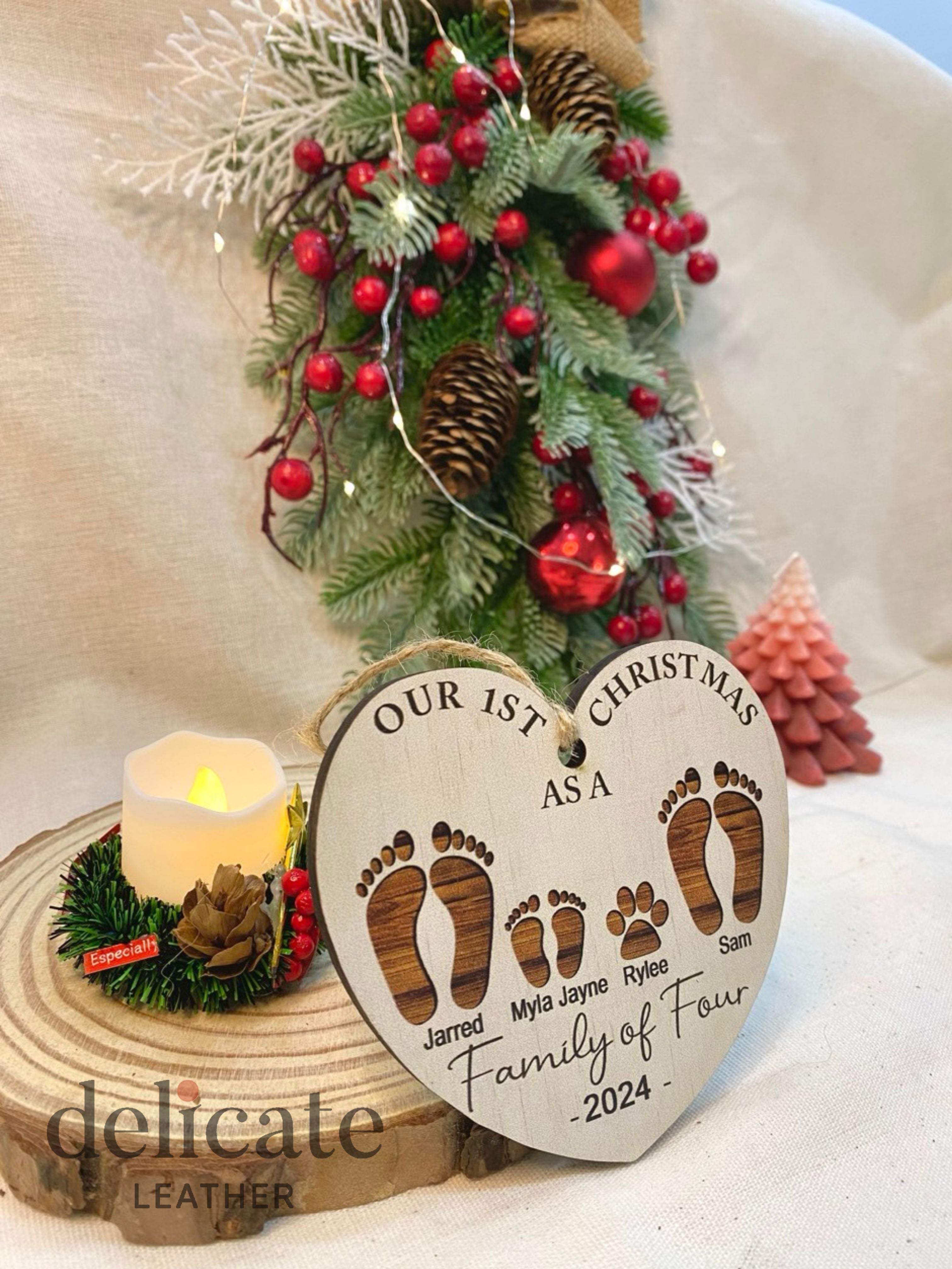 First Christmas As A Family of Four Footprints Ornament – Personalized Wooden Keepsake for Baby's First Christmas