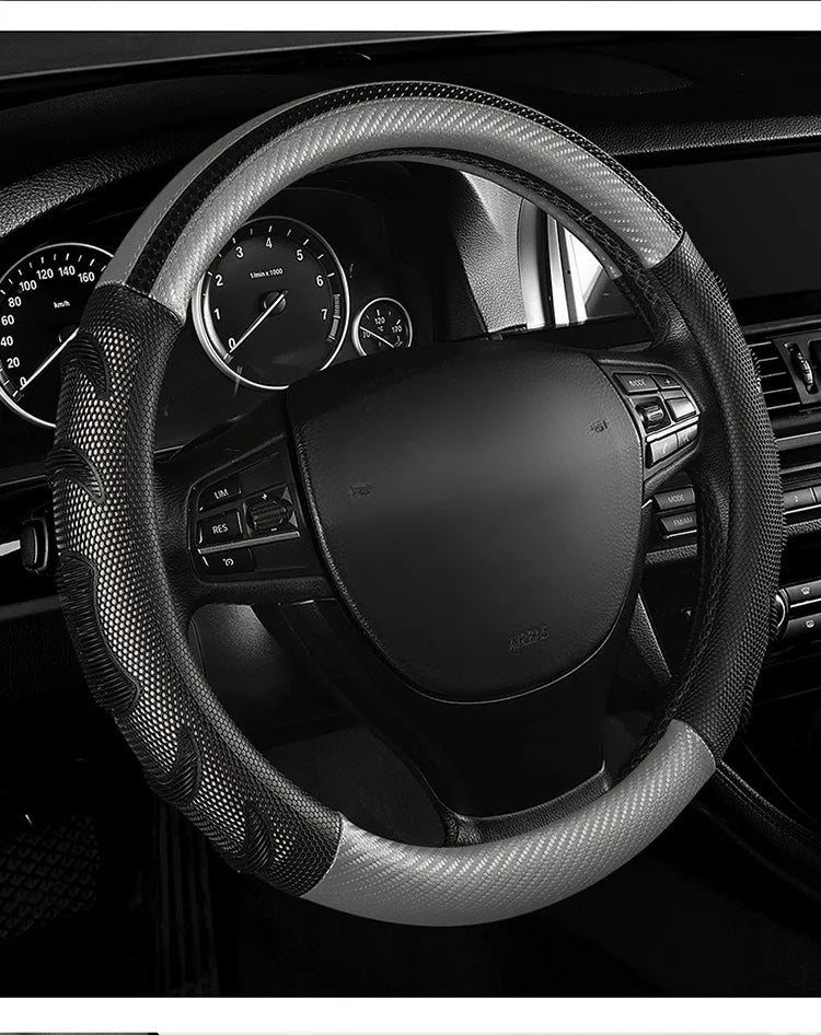 Carbon Fiber Steering Wheel Cover – Anti-Slip Universal 38cm Interior Accessory - Delicate Leather  