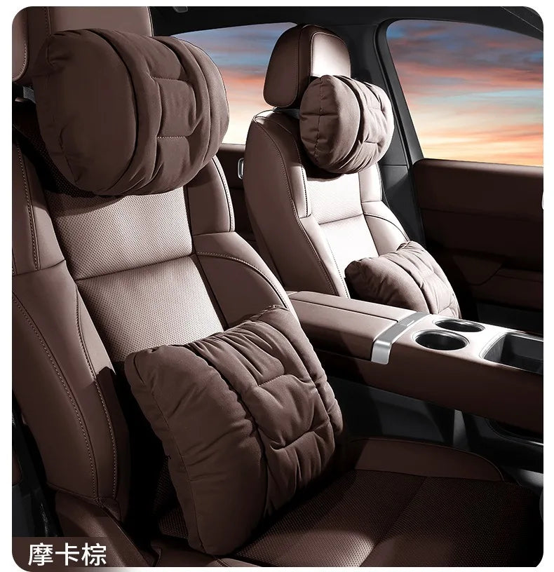 Suede Leather Car Headrest & Lumbar Support Pillow Set – Comfortable Neck and Back Cushions - Delicate Leather  