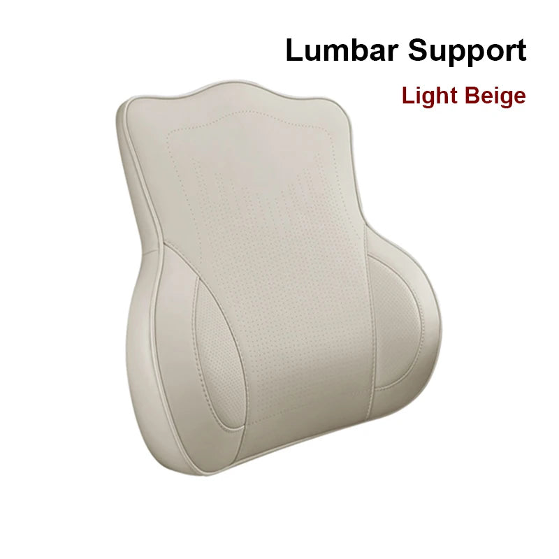 Memory Foam Car Neck Pillow & Lumbar Support Set – Breathable Seat Comfort Cushion - Delicate Leather  