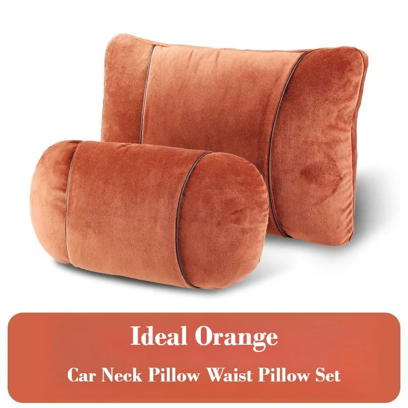 Plush Car Headrest & Lumbar Support Pillow Set – Soft Neck and Waist Seat Cushions - Delicate Leather  