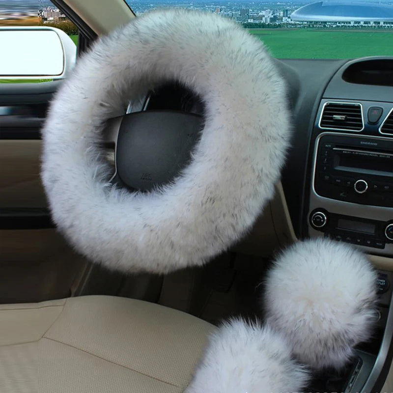 Winter Plush Steering Wheel Cover Set – Fluffy Fleece Warm Non-Slip Handle Cover, Universal Fit - Delicate Leather  