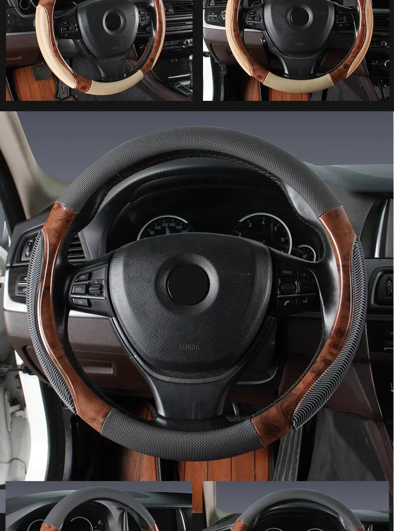 Wood Grain Steering Wheel Cover – PU Leather Anti-Slip Breathable 38cm Universal Fit - Delicate Leather  