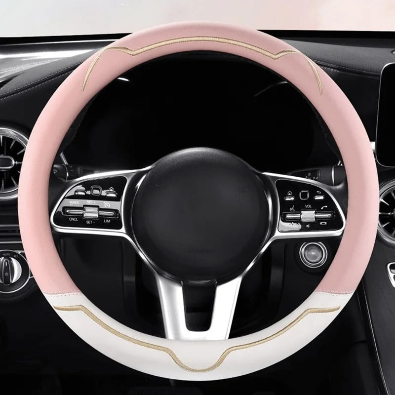 Universal Steering Wheel Cover – Pink and White, 15-Inch Anti-Slip Design - Delicate Leather  