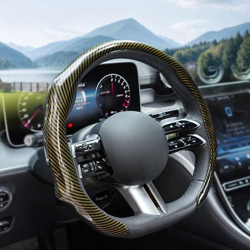 5D Laser Carbon Fiber Pattern Steering Wheel Cover – Universal 38cm Fit, Anti-Slip Synthetic Material - Delicate Leather  