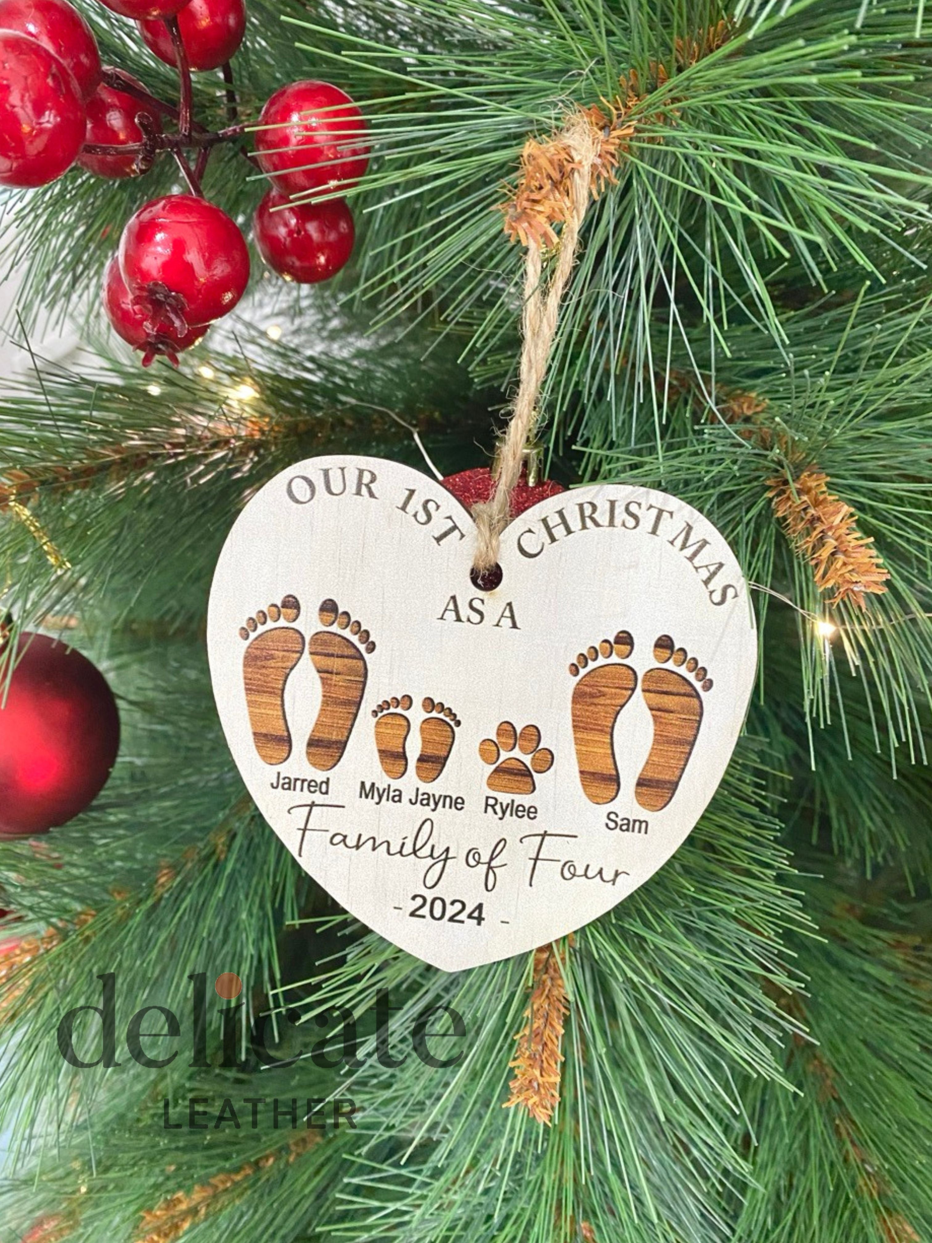 First Christmas As A Family of Four Footprints Ornament – Personalized Wooden Keepsake for Baby's First Christmas