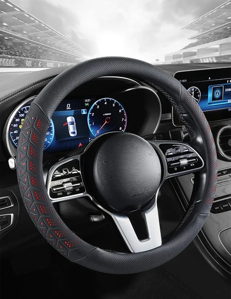 Luxury Leather Steering Wheel Cover – Non-Slip Universal 38cm Interior Accessory - Delicate Leather  