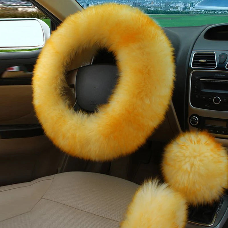 Winter Plush Steering Wheel Cover Set – Fluffy Fleece Warm Non-Slip Handle Cover, Universal Fit - Delicate Leather  