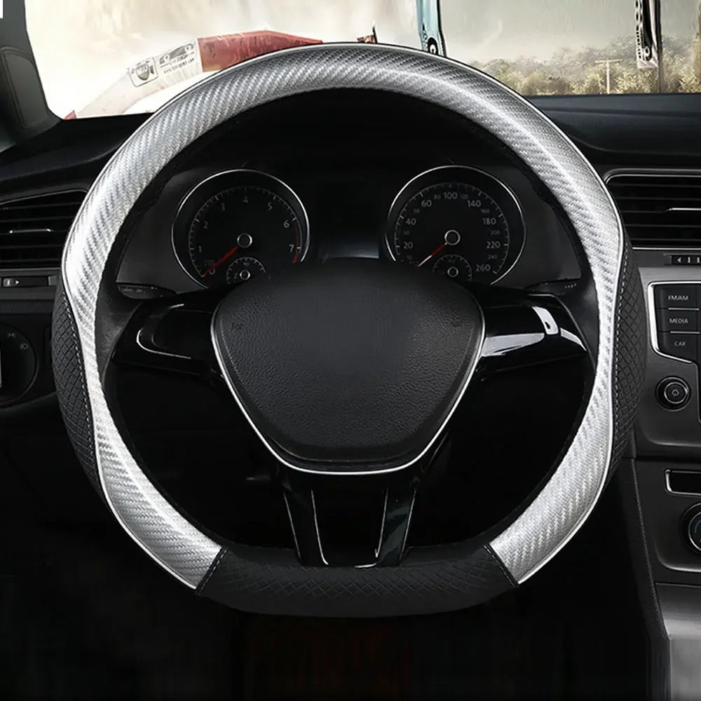 Carbon Fiber Microfiber Leather Steering Wheel Cover – Universal 37–38CM Non-Slip Grip - Delicate Leather