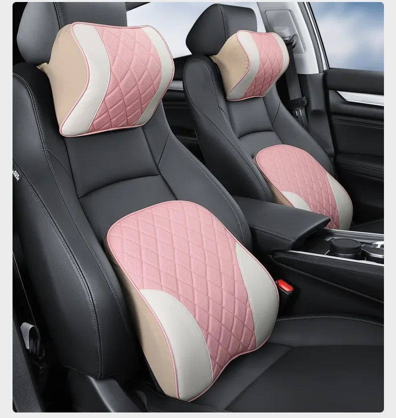 Nappa Leather Car Headrest & Lumbar Support Set – Memory Foam Neck and Waist Cushion - Delicate Leather  