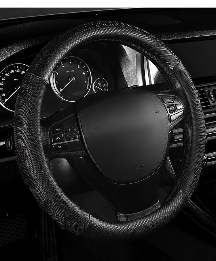 Carbon Fiber Steering Wheel Cover – Anti-Slip Universal 38cm Interior Accessory - Delicate Leather  