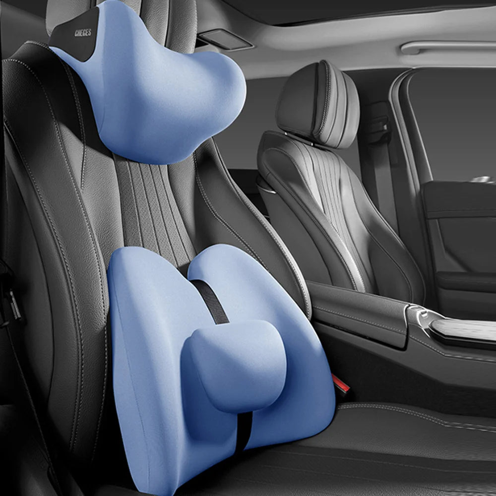 Memory Foam Car Headrest & Lumbar Support Set – Universal Neck and Back Cushion - Delicate Leather  