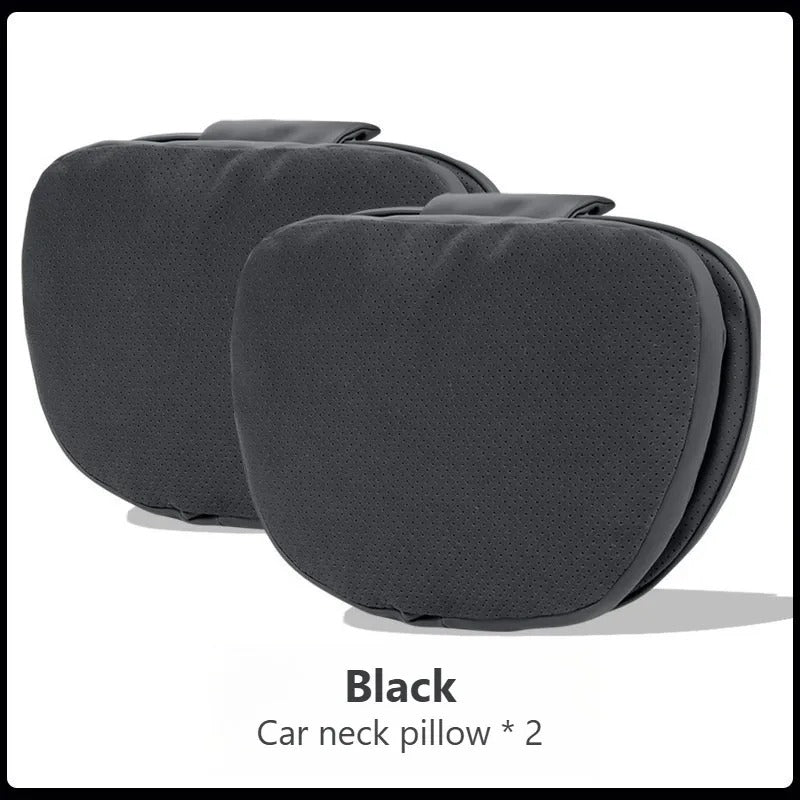Soft Suede Car Neck & Lumbar Support Pillow Set – Memory Foam Headrest Waist Cushion with Double-Sided Design - Delicate Leather