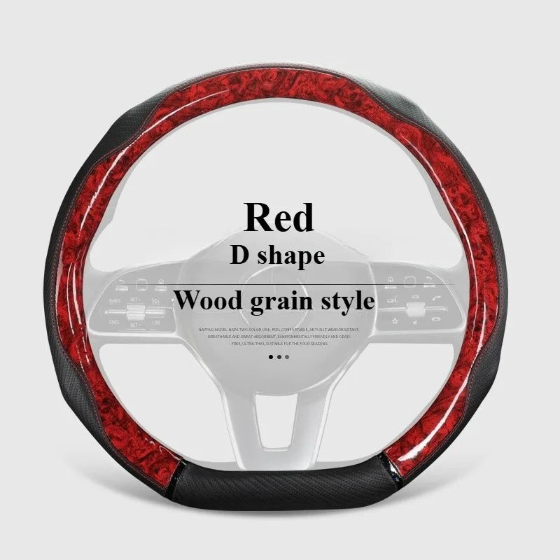 Wood Grain Leather Steering Wheel Cover – Universal 38CM Anti-Slip O/D Shape Grip - Delicate Leather