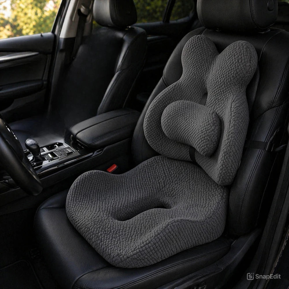 Orthopedic Memory Foam Seat & Back Cushion Set – Coccyx and Waist Support for Office Chair & Car - Delicate Leather