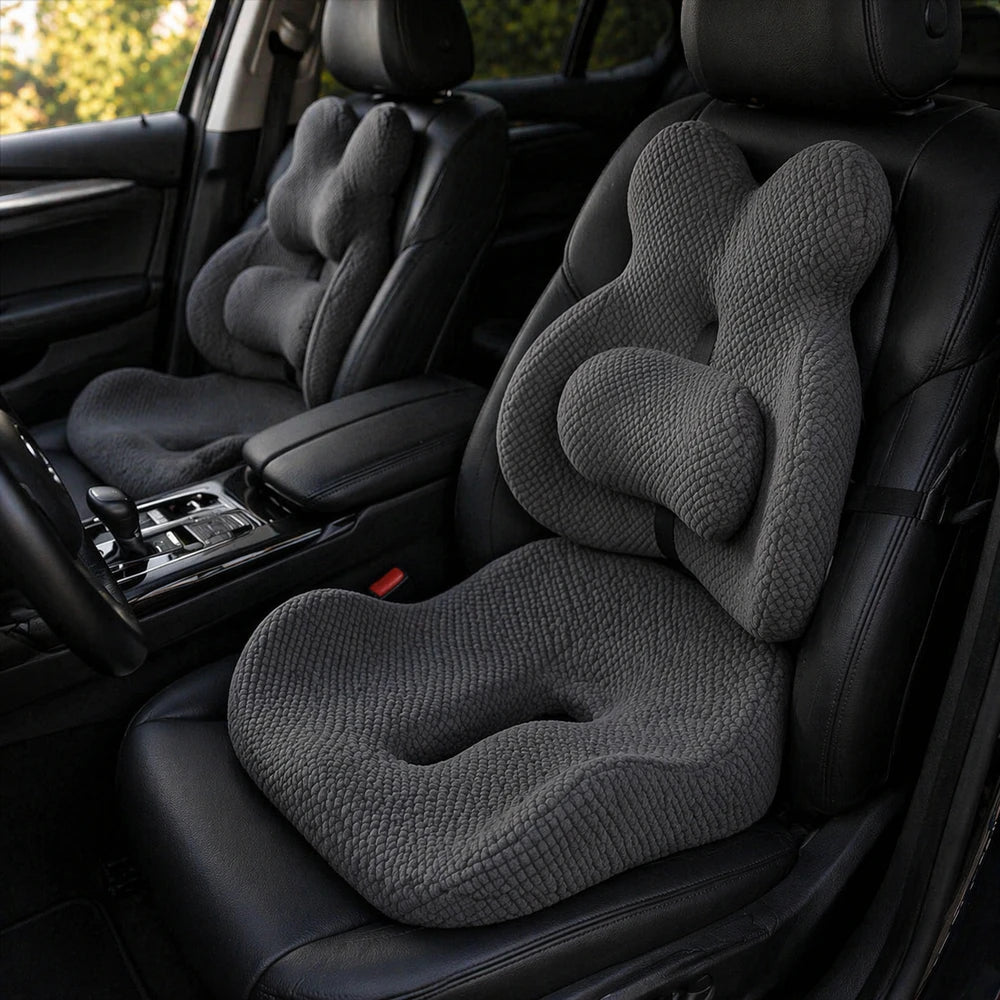 Orthopedic Memory Foam Seat & Back Cushion Set – Coccyx and Waist Support for Office Chair & Car - Delicate Leather
